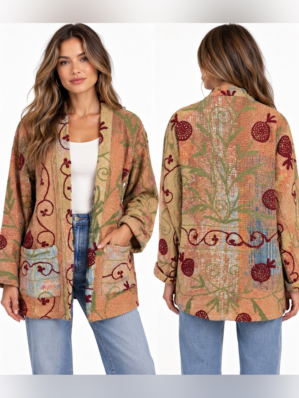 She’s 1 Oak Suzani Kantha Jacket One Size Embroidered Boho Quilted Wearable Art